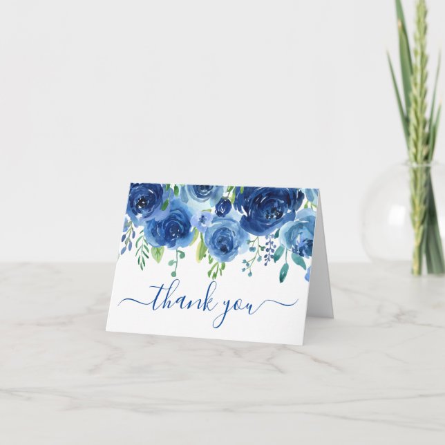 Foto Navyblå Blommig Bröllop Tacksamhetskort Tack Kort (Framsida)