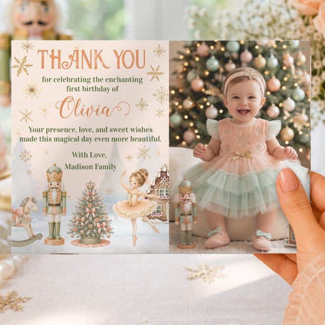 Foto Nötknäppare Ballerina Tacksamhetskort  Inbjudningar (Photo Nutcracker Sugar Plum 1st Birthday Thank You Card)