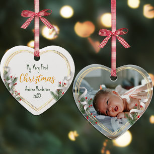 Foto nyfödd bebis 1:a Julafton Holly & Gräs Guld R Julgransprydnad Keramik