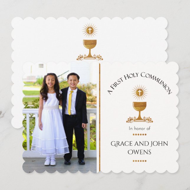 Foto- och Chalis First Communion-inbjudan - Twin Inbjudningar (Fram/baksida)