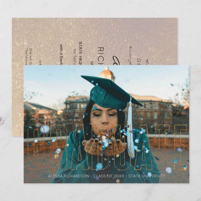 Foto och Guld Glitter x2 Student Inbjudningar (Fram/baksida)