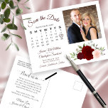 Foto och kalender för Röd & Rosa ros Spara datum Meddelande Vykort<br><div class="desc">Det här roustiska bröllop spara datum-vykortet har en elegant blommigt med vattenfärg med en bukett av vackert handmålat ro och blommar i burgunska, röda och rosor. På den lämnat sidan av kortet finns en anpassade med ett hjärta runt datumet i bröllop, liksom plats för namn, plats och en kort-anteckning som...</div>