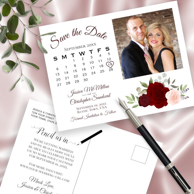 Foto och kalender för Röd & Rosa ros Spara datum Meddelande Vykort (Skapare uppladdad)