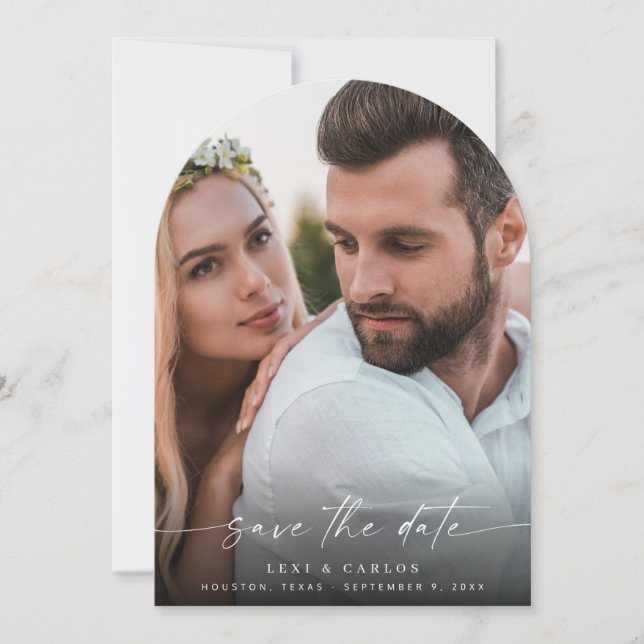 Foto och kalligrafi 3 Mod vert V2-båge Inbjudningar (Framsida)