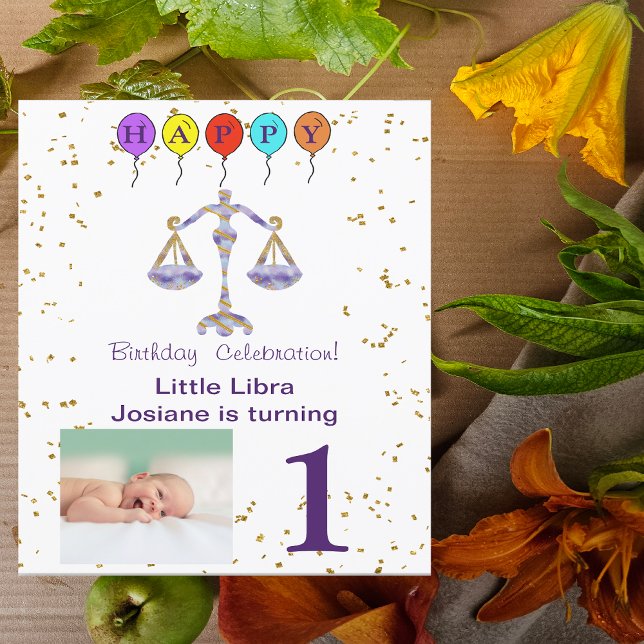 Foto och Libra-födelsedag med Guld och bubblor Inbjudningar (Skapare uppladdad)