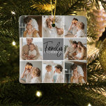Foto och Personlig Grått Gift för Family Collage Julgransprydnad Keramik<br><div class="desc">Skapa en vacker och personlig familjesammanställning med åtta foton, tillsammans med en personlig familj namn i grått. Denna unika och tankeväckande gåva är en perfekt för att hedra minnet av speciella ögonblick och fira kärlek och band inom en familj. Samlingen innehåller åtta noggrant markerade foton som du kan tillhandahålla, visa...</div>