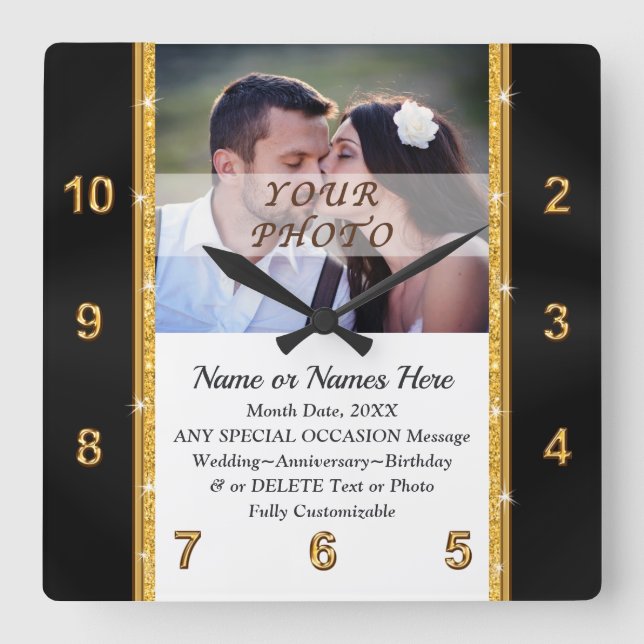 Foto och Personlig, Wall Clock Bröllop Gift. Fyrkantig Klocka (Framsida)