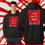 Foto och textruta på framsidan och baksidan av per hoodie<br><div class="desc">Skapa din egen unika hoodie-design med Personligen front and back black Photo and Text Hoodie-mall. Gör din egen snyggt och roliga gåva genom att lägga till anpassningsbarnas foton, text och vilken bild som helst, framifrån och/eller bakåt. Välj mellan tusen teckensnitt och stilar och skapa en egen typografi, lägg till geometriska...</div>