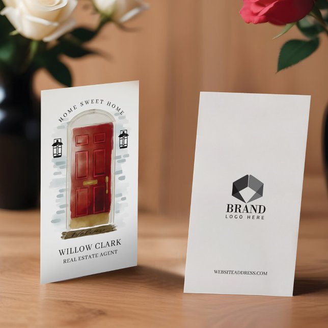 Foto och tjänster för klassens Röda vattenfärgsfär Visitkort (Classy Red Watercolor Front Door Photo & Services Business Card)