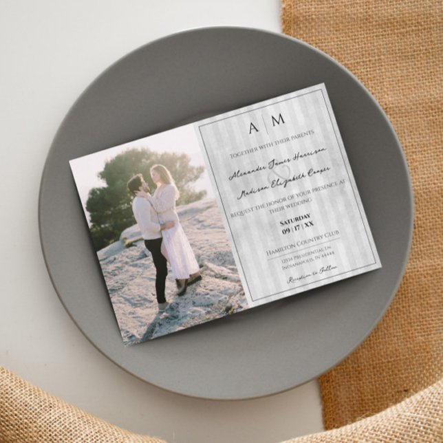 Foto och Vintage Rand | GRÅTT BRÖLLOP Inbjudningar (Gray Photo and Vintage Stripes Wedding Invitation)