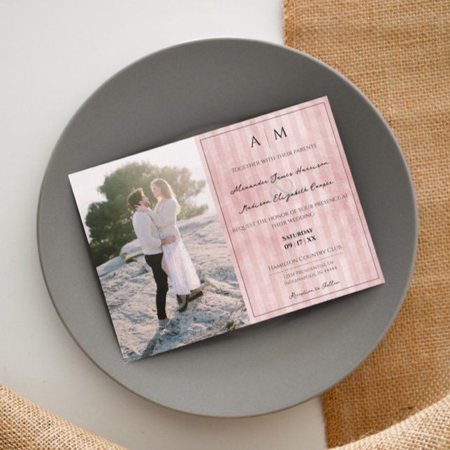 Foto och Vintage Rand | ROSA BRÖLLOP Inbjudningar (Pink Photo and Vintage Stripes Wedding Invitation)