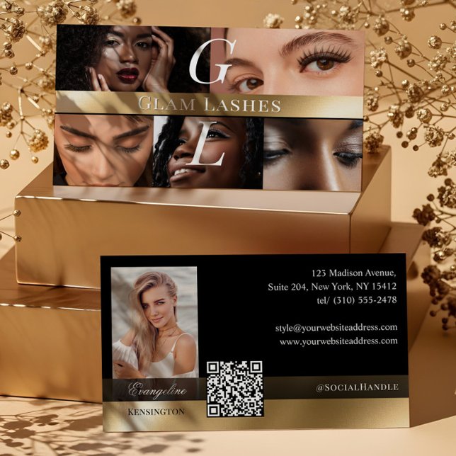 Foto Ögonfrans Tekniker Luxe Monogram Svart Guld Visitkort (Photo Lash Technician Luxe Monogram Black Gold Business Card)