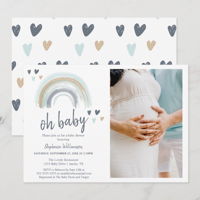  Foto Oh Baby Shower Blå Boho Regnbåge  Inbjudningar (Fram/baksida)