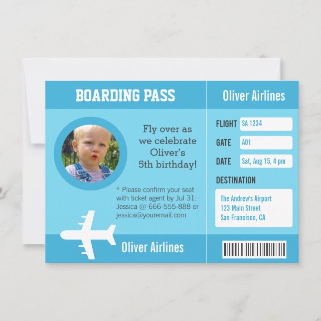 Foto Ombordstigningskort Födelsedagsfest Flygplan Inbjudningar (Framsida)