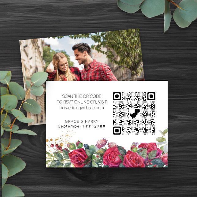 Foto Online RSVP QR-kod Röd Ros Bröllopswebbplats Tilläggskort (Custom Photo Wedding Website QR Code cards from my Red Rose and Eucalyptus Wedding Collection)