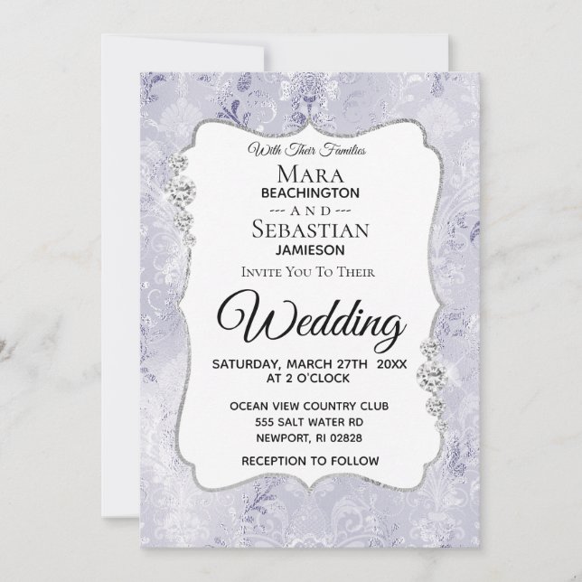 *~* Foto + OSA + QR Diamond Damask Wedding Inbjudningar (Framsida)