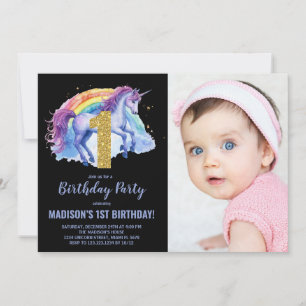 Foto på 1:a Rainbow Unicorn Birthday-inbjudan Inbjudningar