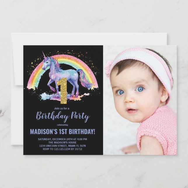 Foto på 1:a Rainbow Unicorn Birthday-inbjudan Inbjudningar (Framsida)