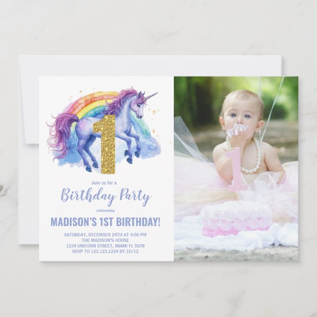 Foto på 1:a Rainbow Unicorn Birthday-inbjudan Inbjudningar (Framsida)