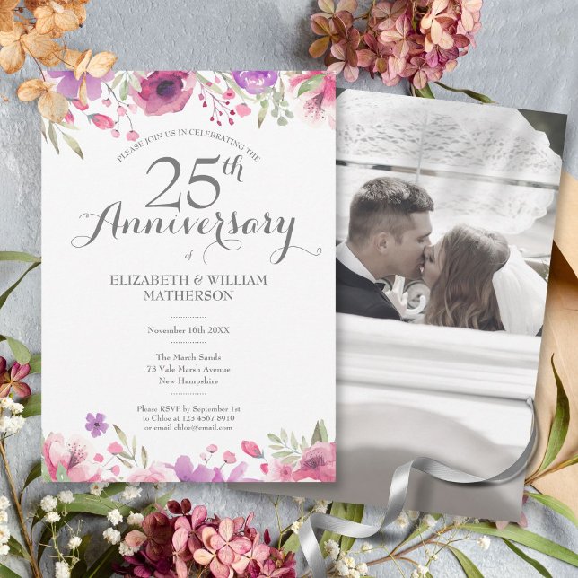 Foto på 25-års bröllopsdag med akvarellrosor inbjudningar (25th Wedding Anniversary Photo Watercolor Roses Invitation)