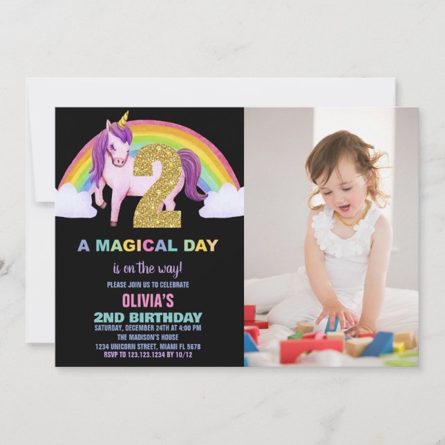 Foto på 2:a Rainbow Unicorn Birthday-inbjudan Inbjudningar (Framsida)