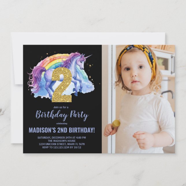 Foto på 2:a Rainbow Unicorn Birthday-inbjudan Inbjudningar (Framsida)