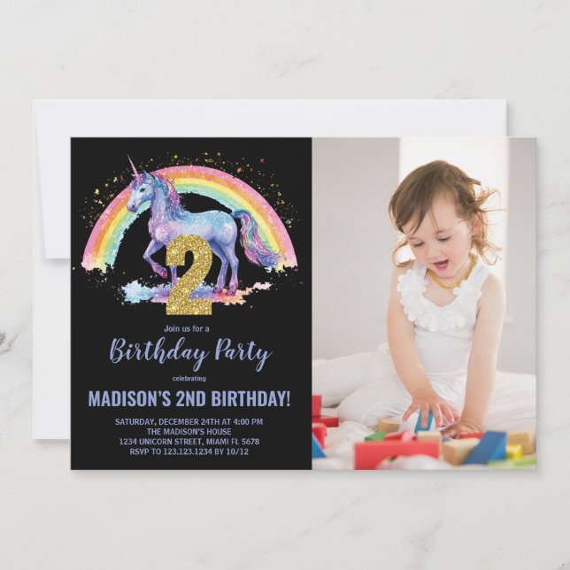 Foto på 2:a Rainbow Unicorn Birthday-inbjudan Inbjudningar (Framsida)