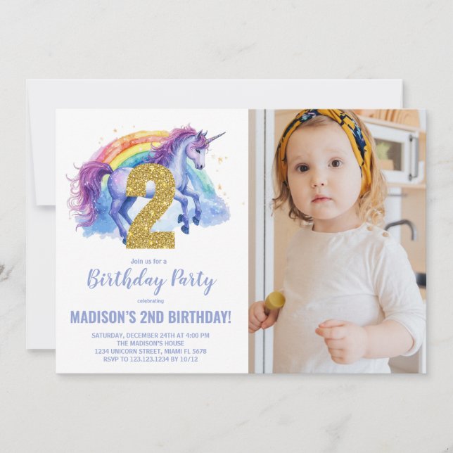 Foto på 2:a Rainbow Unicorn Birthday-inbjudan Inbjudningar (Framsida)