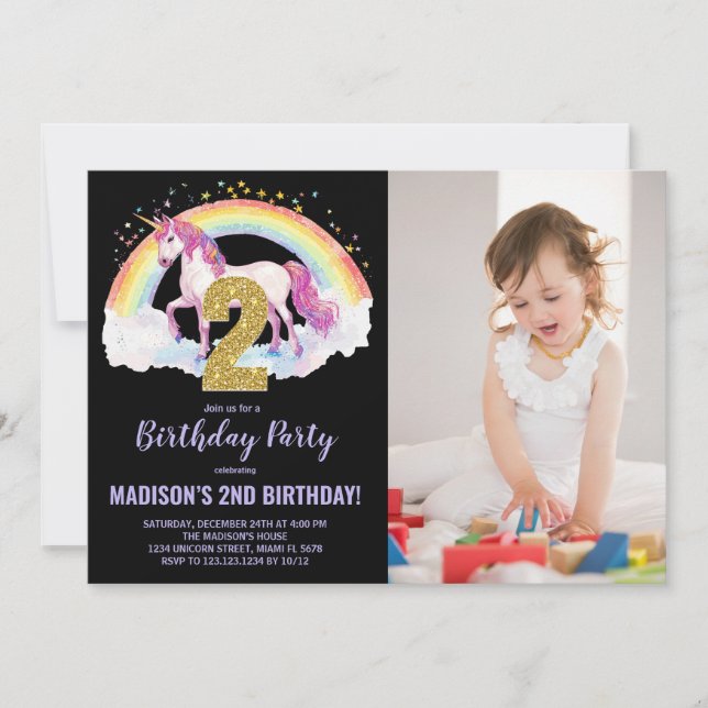 Foto på 2:a Rainbow Unicorn Birthday-inbjudan Inbjudningar (Framsida)