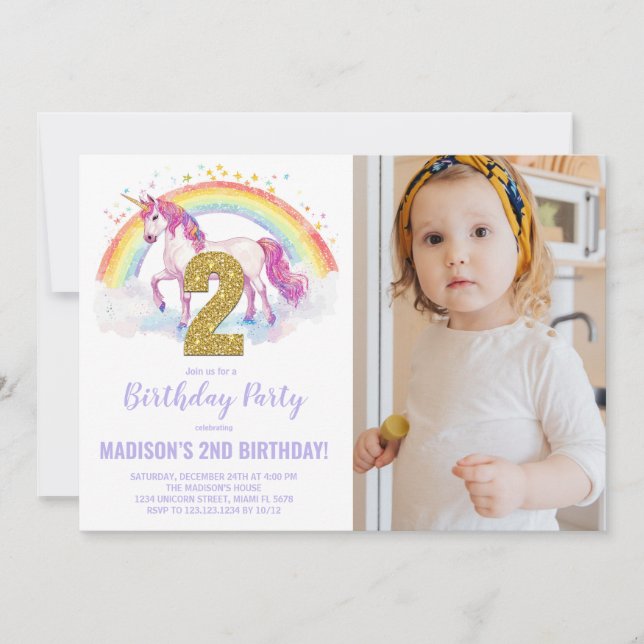 Foto på 2:a Rainbow Unicorn Birthday-inbjudan Inbjudningar (Framsida)