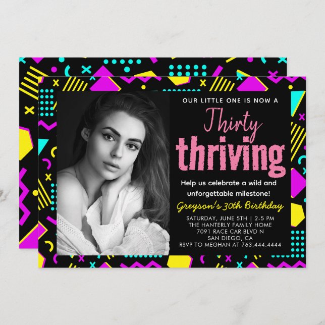 Foto på 30 och 30-trådiga svartvitt och Retro-föde Inbjudningar (Fram/baksida)