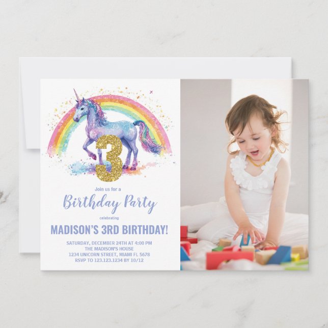 Foto på 3:e regnbåge - Unicorn Birthday-inbjudan Inbjudningar (Framsida)