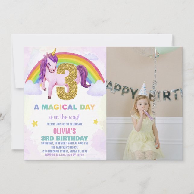 Foto på 3:e regnbåge - Unicorn Birthday-inbjudan Inbjudningar (Framsida)