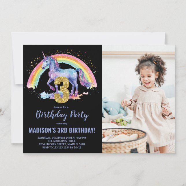 Foto på 3:e regnbåge - Unicorn Birthday-inbjudan Inbjudningar (Framsida)