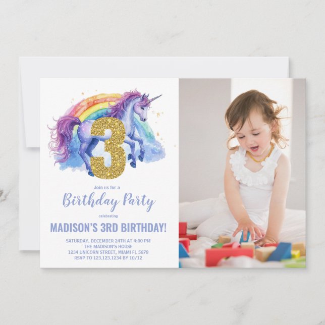Foto på 3:e regnbåge - Unicorn Birthday-inbjudan Inbjudningar (Framsida)