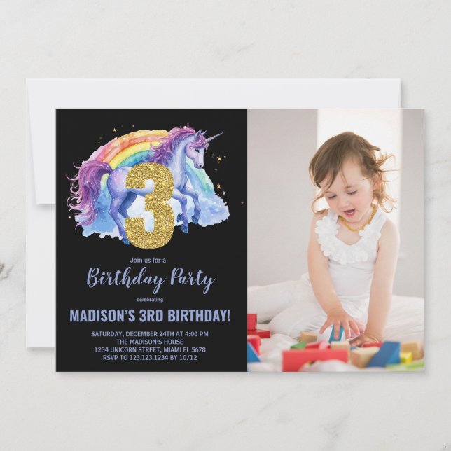 Foto på 3:e regnbåge - Unicorn Birthday-inbjudan Inbjudningar (Framsida)