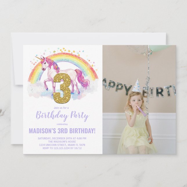 Foto på 3:e regnbåge - Unicorn Birthday-inbjudan Inbjudningar (Framsida)