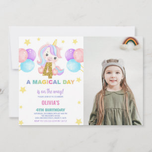 Foto på 4e födelsedagen Unicorn Birthday-inbjudan Inbjudningar