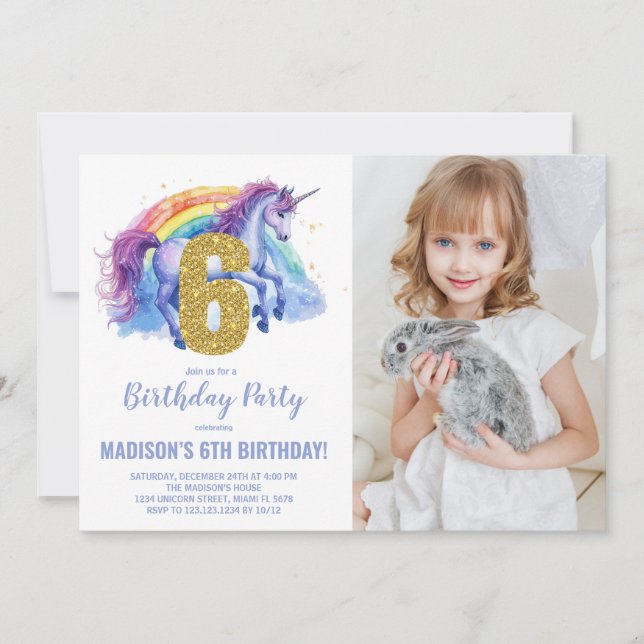 Foto på 6e Rainbow Unicorn Birthday-inbjudan Inbjudningar (Framsida)