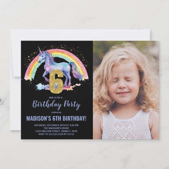Foto på 6e Rainbow Unicorn Birthday-inbjudan Inbjudningar (Framsida)