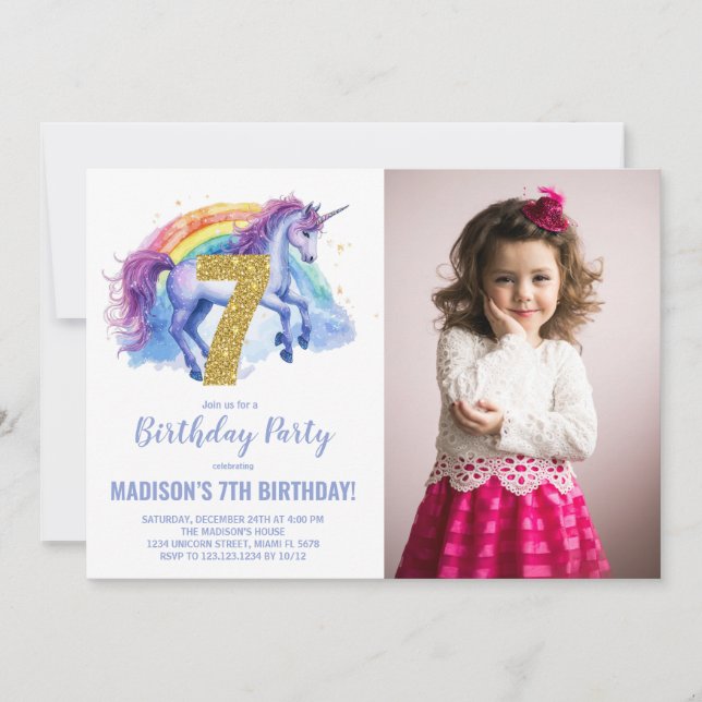 Foto på 7:e Rainbow Unicorn Birthday-inbjudan Inbjudningar (Framsida)