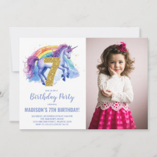 Foto på 7:e Rainbow Unicorn Birthday-inbjudan Inbjudningar