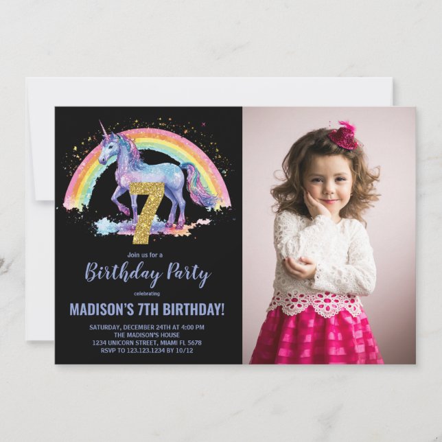 Foto på 7:e Rainbow Unicorn Birthday-inbjudan Inbjudningar (Framsida)