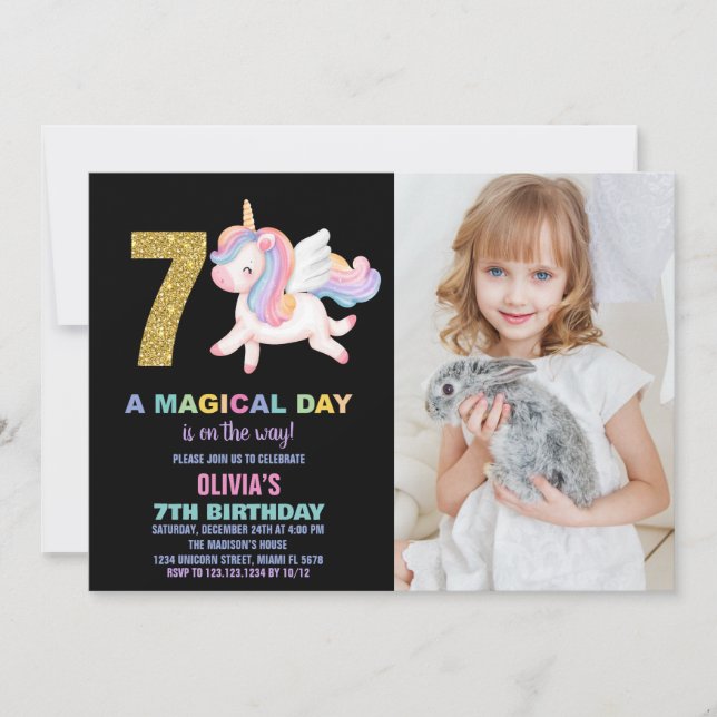 Foto på 7:e Rainbow Unicorn Birthday-inbjudan Inbjudningar (Framsida)