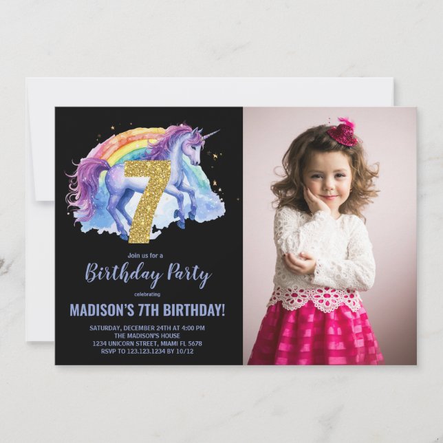 Foto på 7:e Rainbow Unicorn Birthday-inbjudan Inbjudningar (Framsida)
