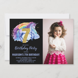 Foto på 7:e Rainbow Unicorn Birthday-inbjudan Inbjudningar