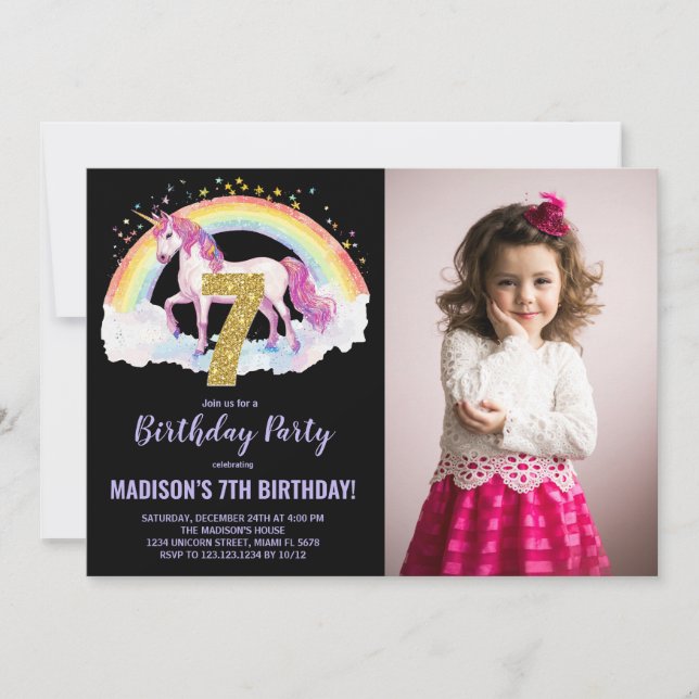 Foto på 7:e Rainbow Unicorn Birthday-inbjudan Inbjudningar (Framsida)