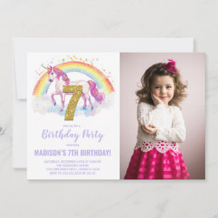 Foto på 7:e Rainbow Unicorn Birthday-inbjudan Inbjudningar