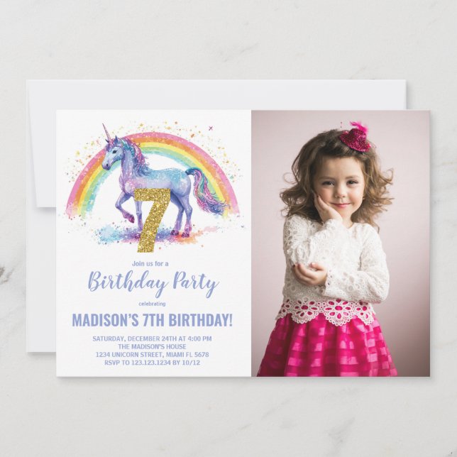 Foto på 7:e Rainbow Unicorn Birthday-inbjudan Inbjudningar (Framsida)
