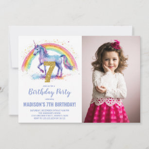 Foto på 7:e Rainbow Unicorn Birthday-inbjudan Inbjudningar
